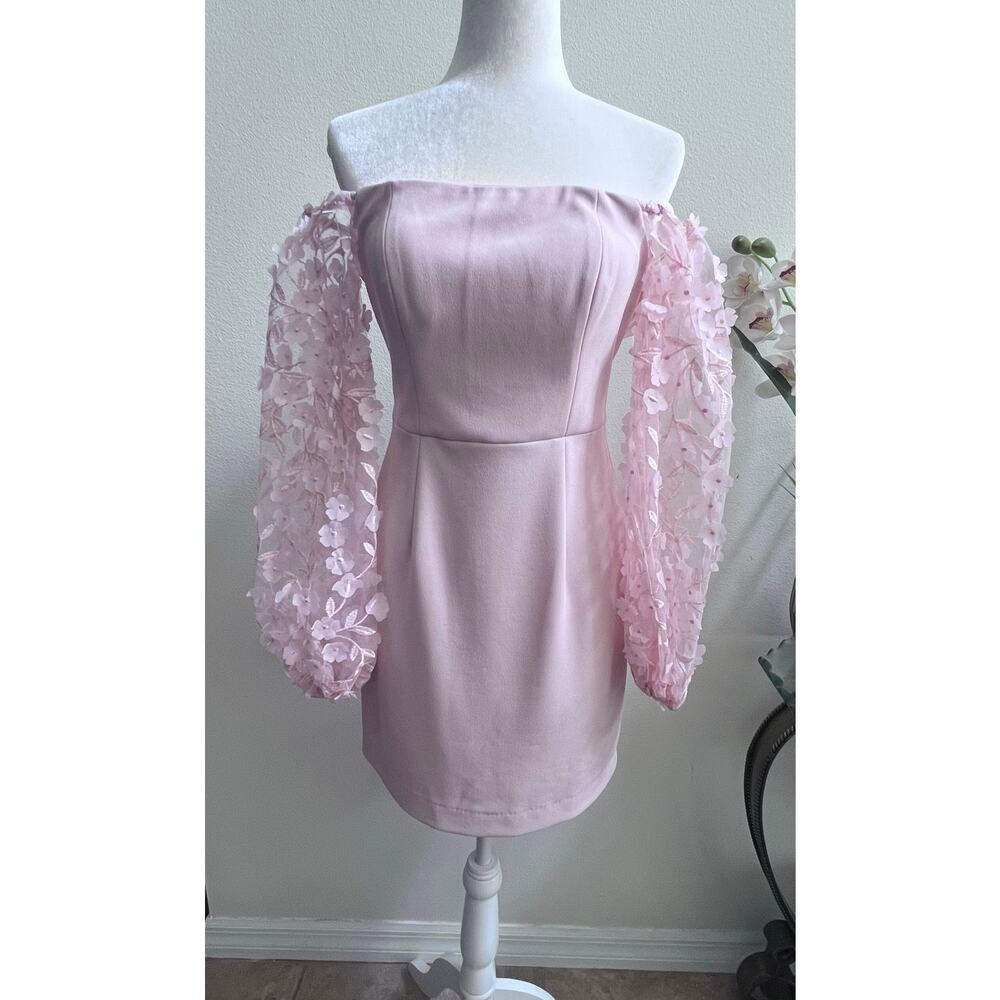 Eliza J Off the Shoulder Pink 3D Floral Sleeve Scuba Crepe Mini Dress 4 Wedding